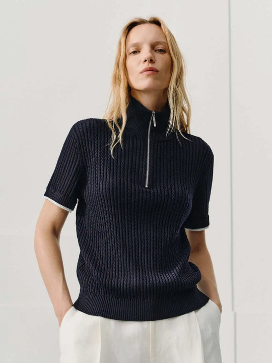 Ribbed Half-zip Mock Neck Short Sleeve T-shirt