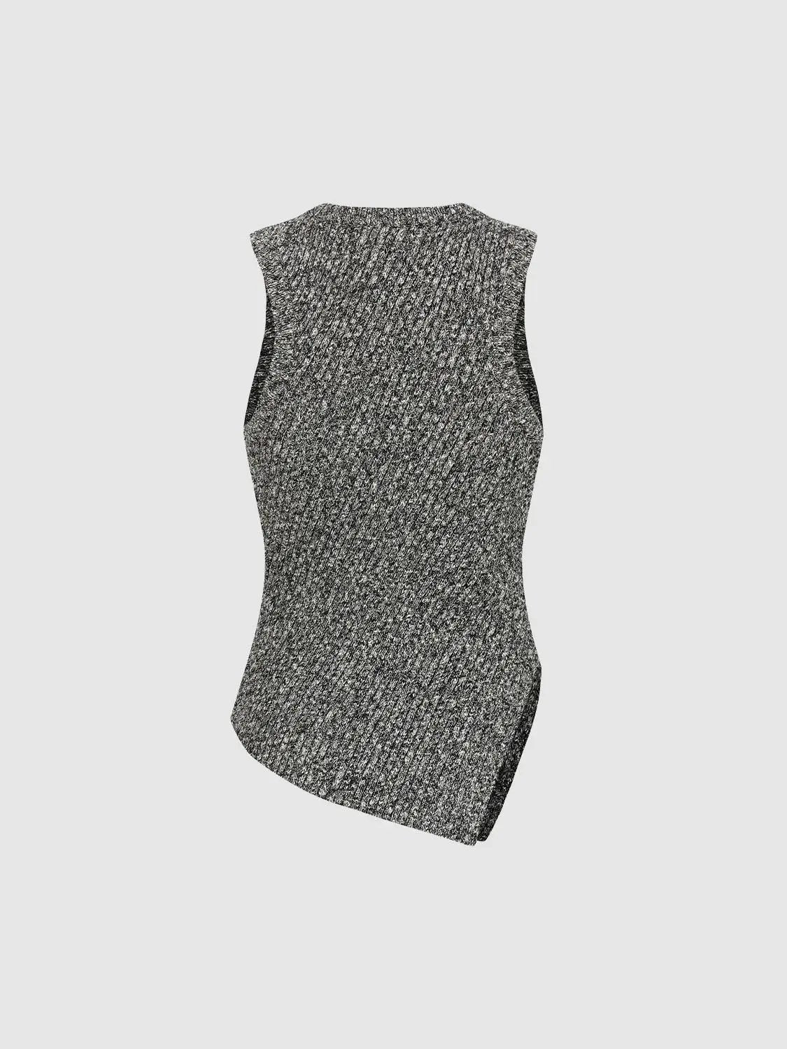Knitted sleeveless top in black and white marled knit with curved hem