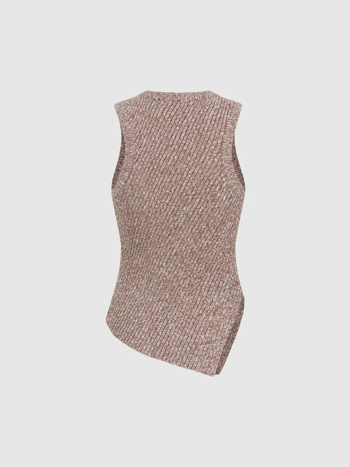 Knitted sleeveless top in brown heather knit fabric with ribbed texture