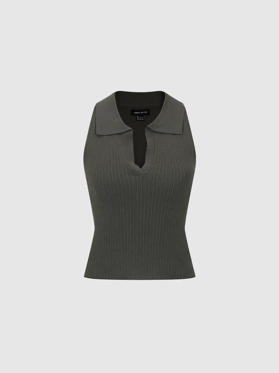 Knit T-Shirt by Urban Revivo Fashion; olive-gray ribbed knit sleeveless top with a wide collar