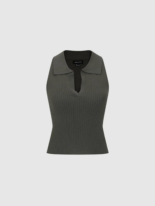 Ribbed Collar Slit Neck Sleeveless Fitted Knit Top
