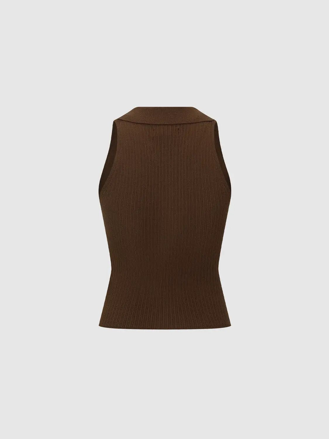 Knit T-Shirt brown rib-knit sleeveless top, back view