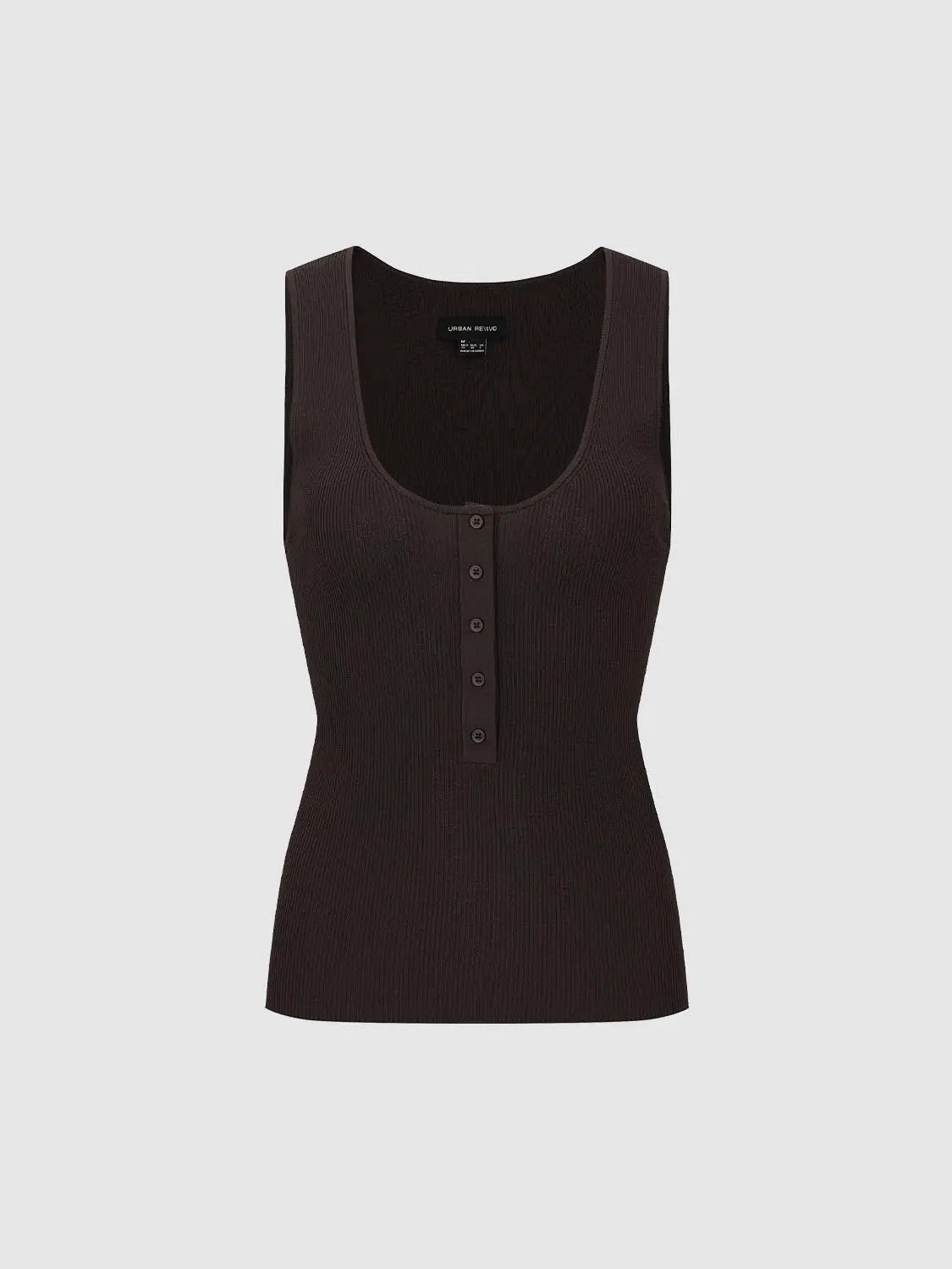 Dark brown ribbed knitted sleeveless top with front button placket by Urban Revivo