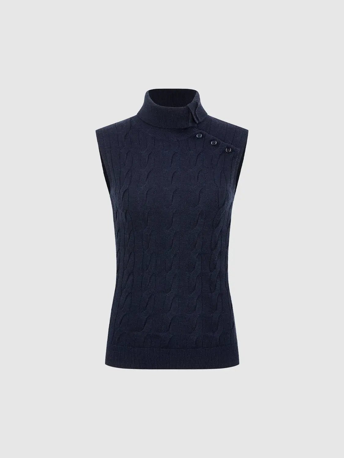 Navy blue knitted sleeveless turtleneck top with a cable-knit pattern and shoulder button detail, Urban Revivo Fashion
