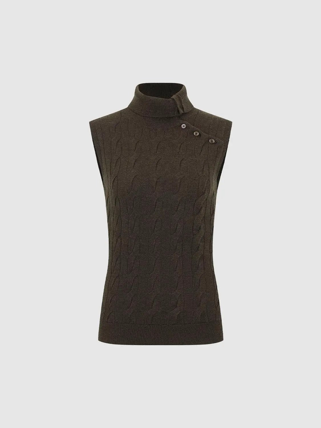 Knit sleeveless turtleneck top in dark brown cable knit with shoulder button detail by Urban Revivo Fashion