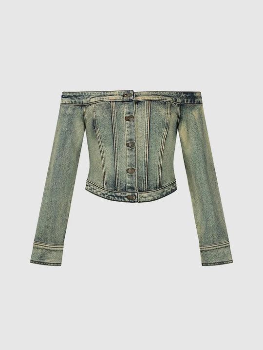 Top corto in denim lavato con maniche lunghe, spalle scoperte e bottoni