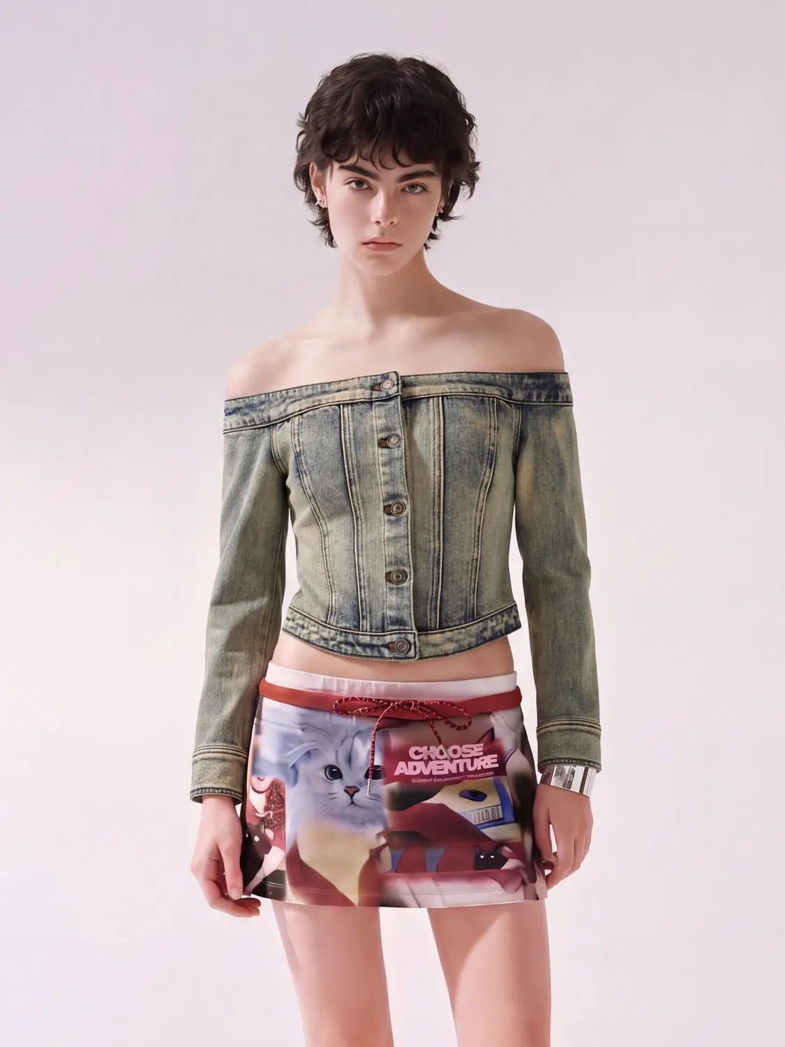 Long sleeve off-shoulder washed denim cropped top with button-front details by Urban Revivo Fashion