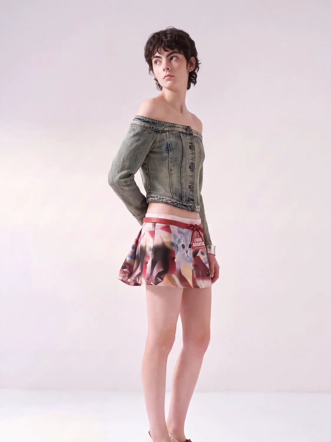 Long Sleeve Off-Shoulder Washed Denim Cropped Top by Urban Revivo Fashion, button-front denim