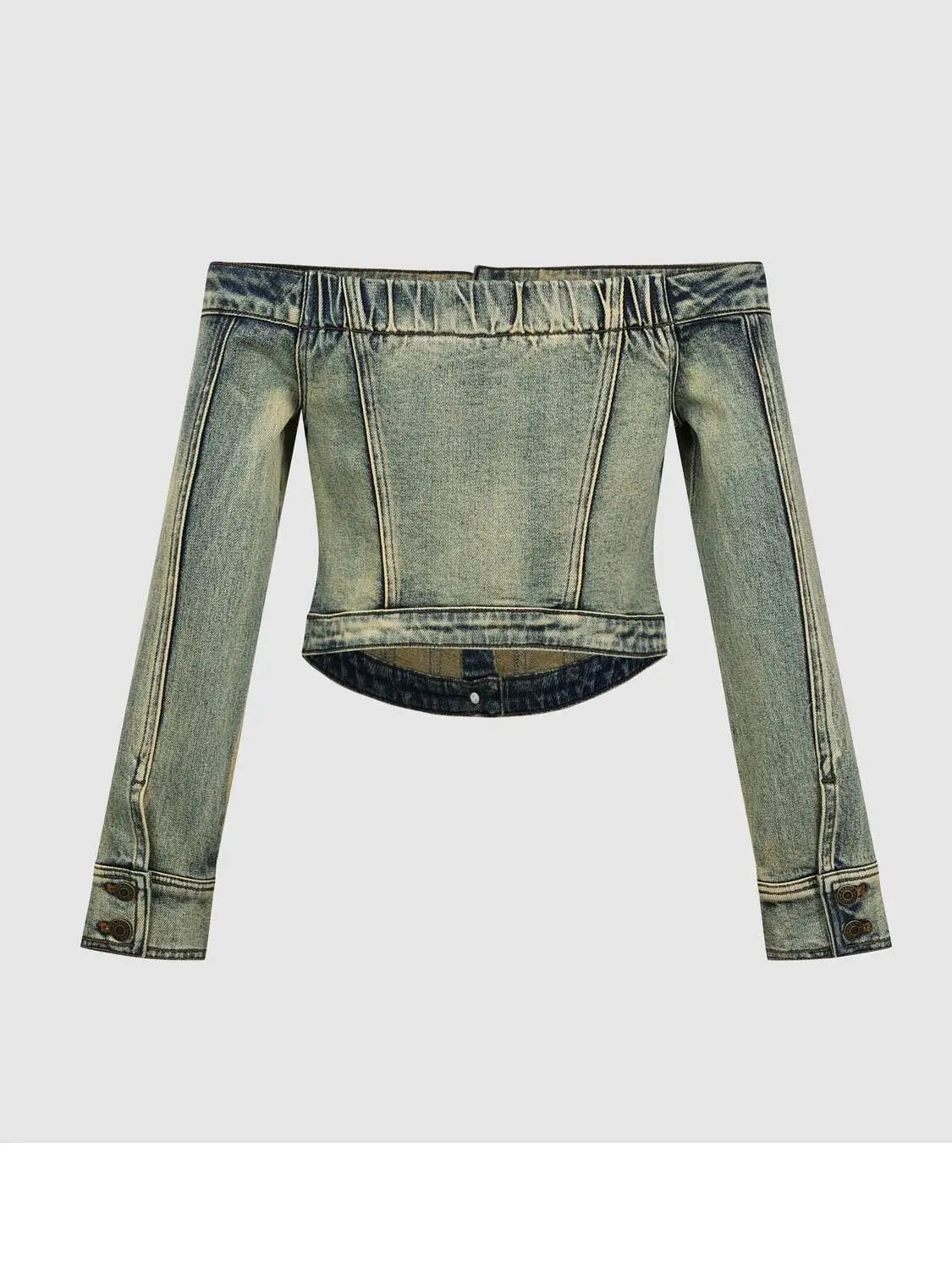 Long sleeve off-shoulder washed blue denim cropped top with buttoned cuffs