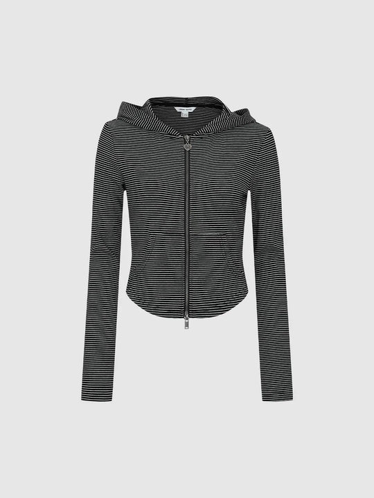 Striped Zip Long Sleeve Fitted Cotton Hoodie