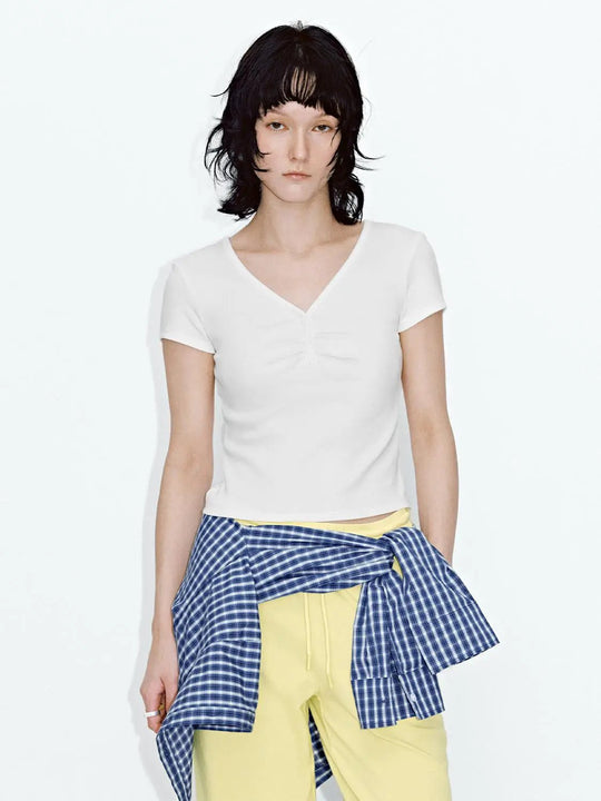 Cotton Top Ruched Henley Neck T-Shirts