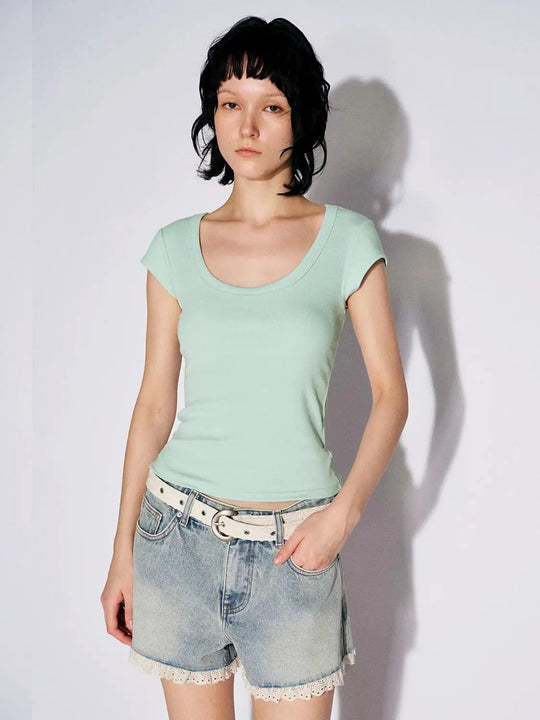 Mint Green Viscose Cotton Blend Scoop Neck T-Shirts