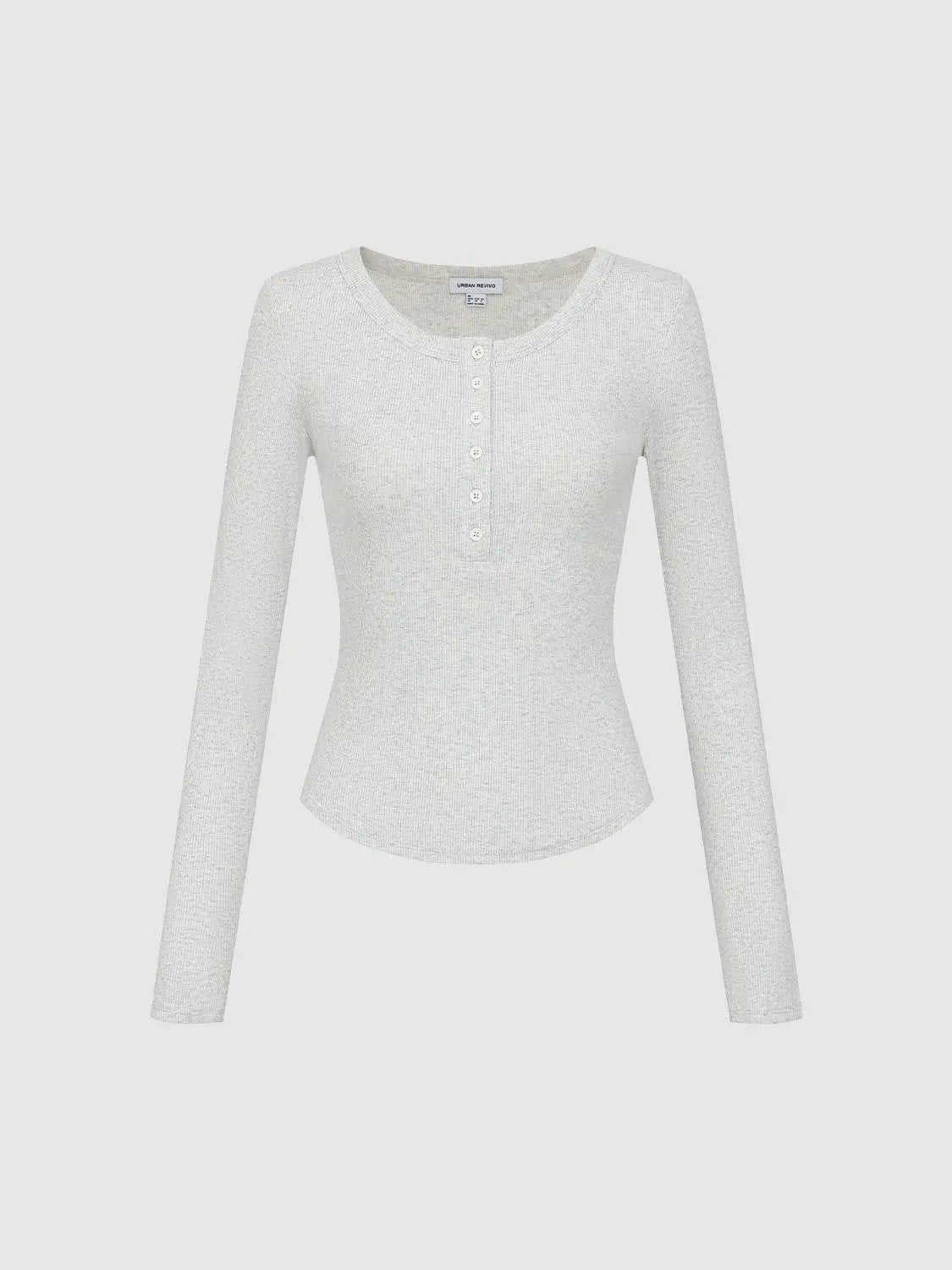 T-shirt by Urban Revivo Fashion, light gray ribbed knit with long sleeves and button placket.
