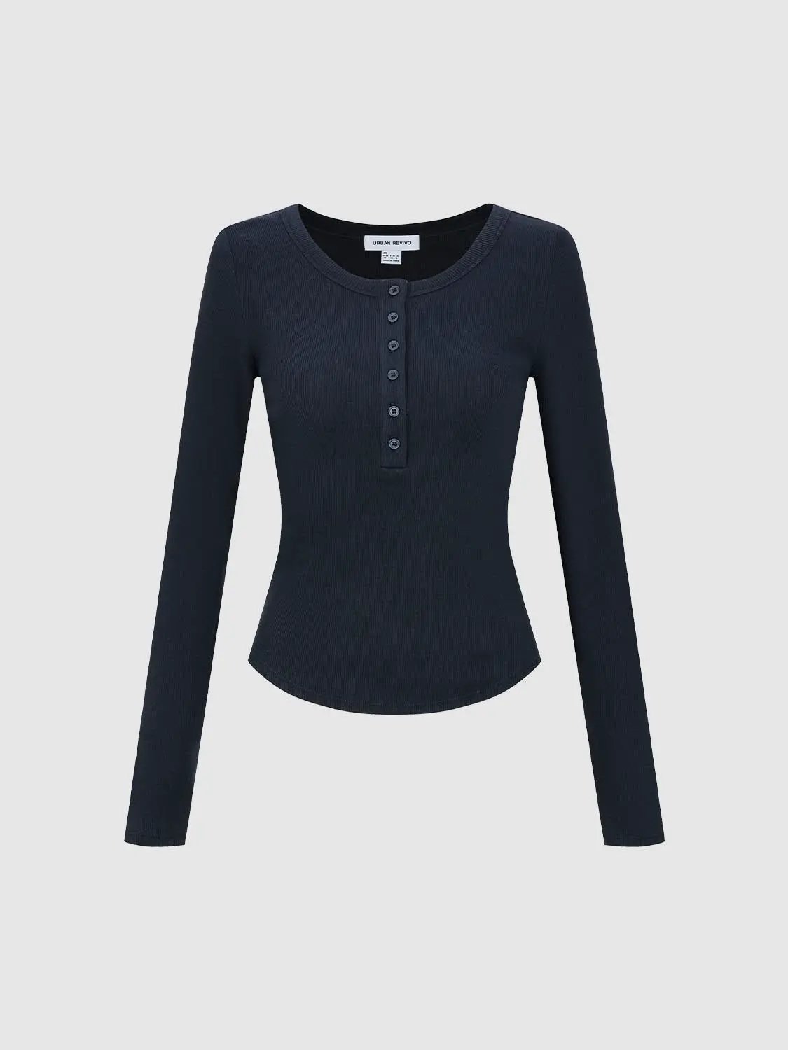 T-shirt navy ribbed long-sleeve with button placket by Urban Revivo Fashion