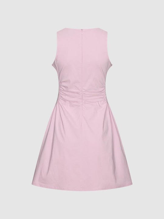 Crew Neck Ruched Sleeveless A-Line Midi Dresses