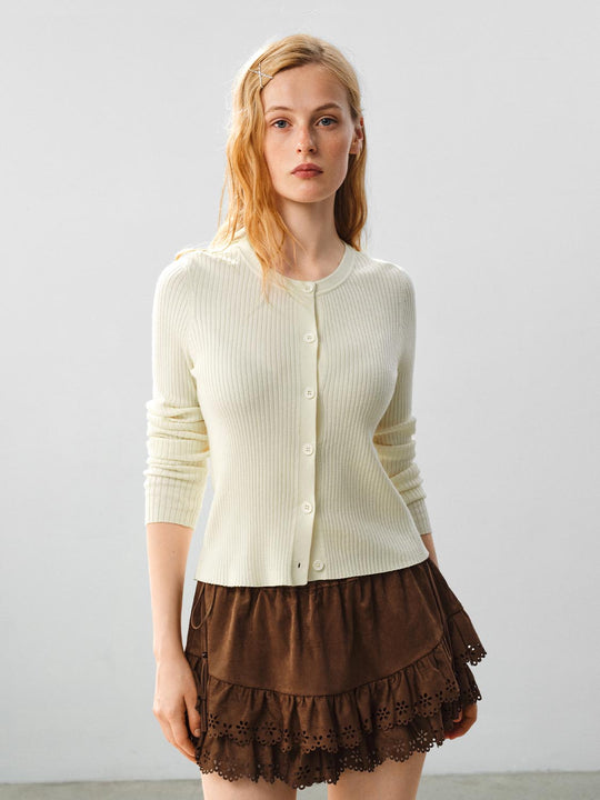 Ribbed Knit Button Front Crew Neck Long Sleeve Cardigan