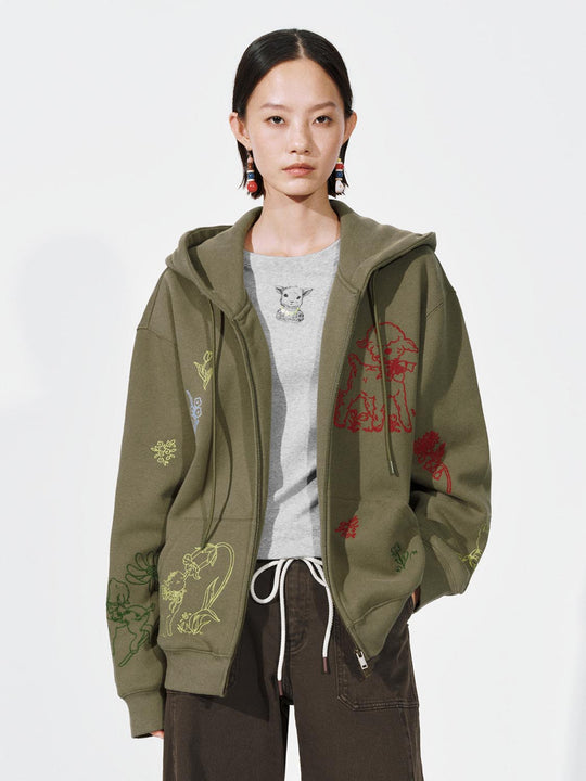 Embroidered Drawstring Hooded Loose Fit Jackets