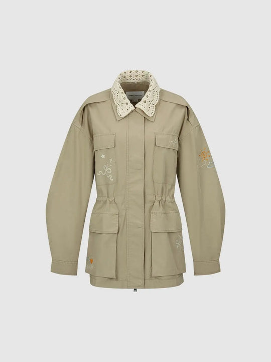 Open-Knit Detail Embroidered Flap Pocket Jackets