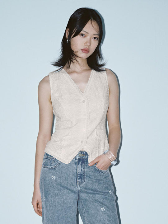 Guipure Lace Detail Button Up Nipped-Waist Vests
