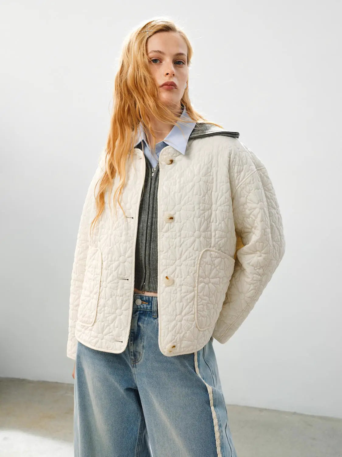 Padded jacket, cream quilted with floral stitching, front patch pockets, Urban Revivo Fashion