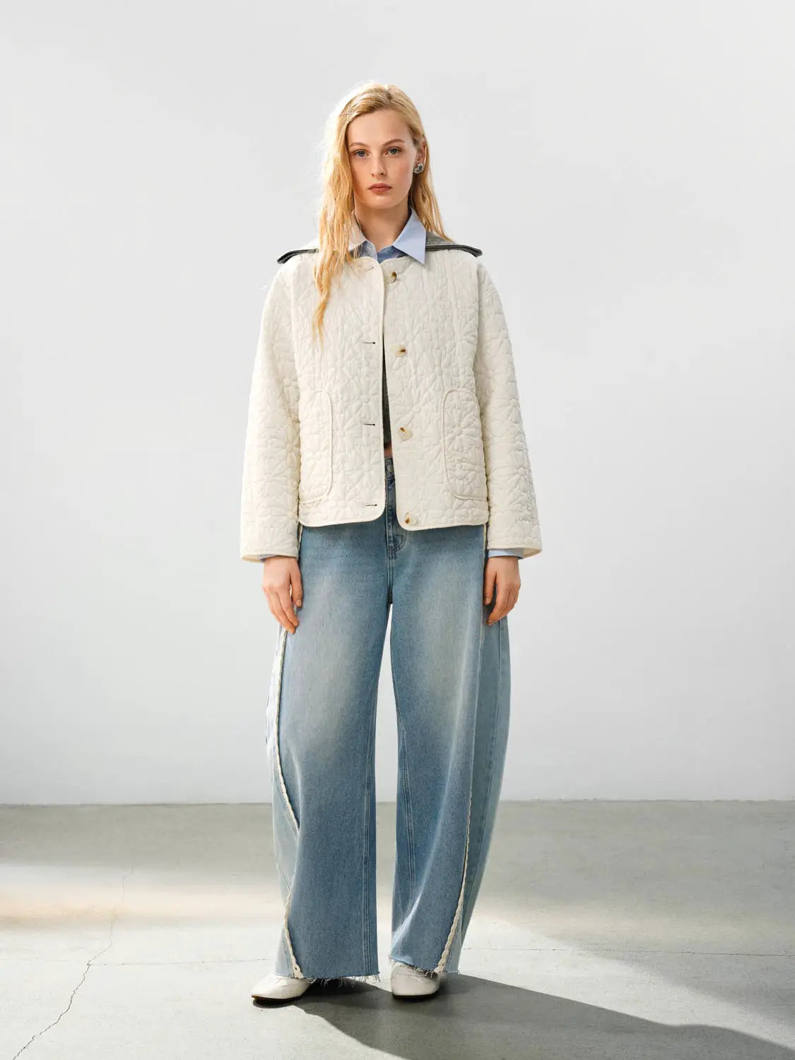 Urban Revivo padded jacket, cream quilted fabric with large front pockets and button closure