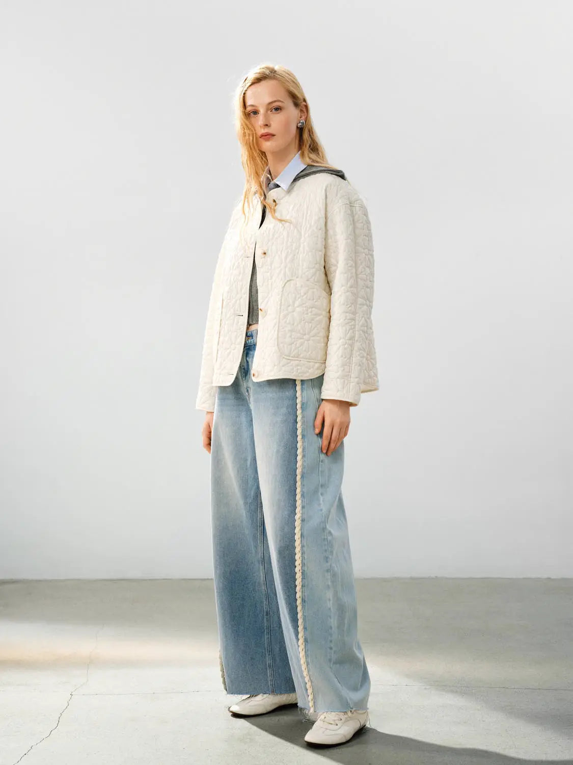 Padded Jacket by Urban Revivo Fashion; cream quilted jacket with patch pockets.