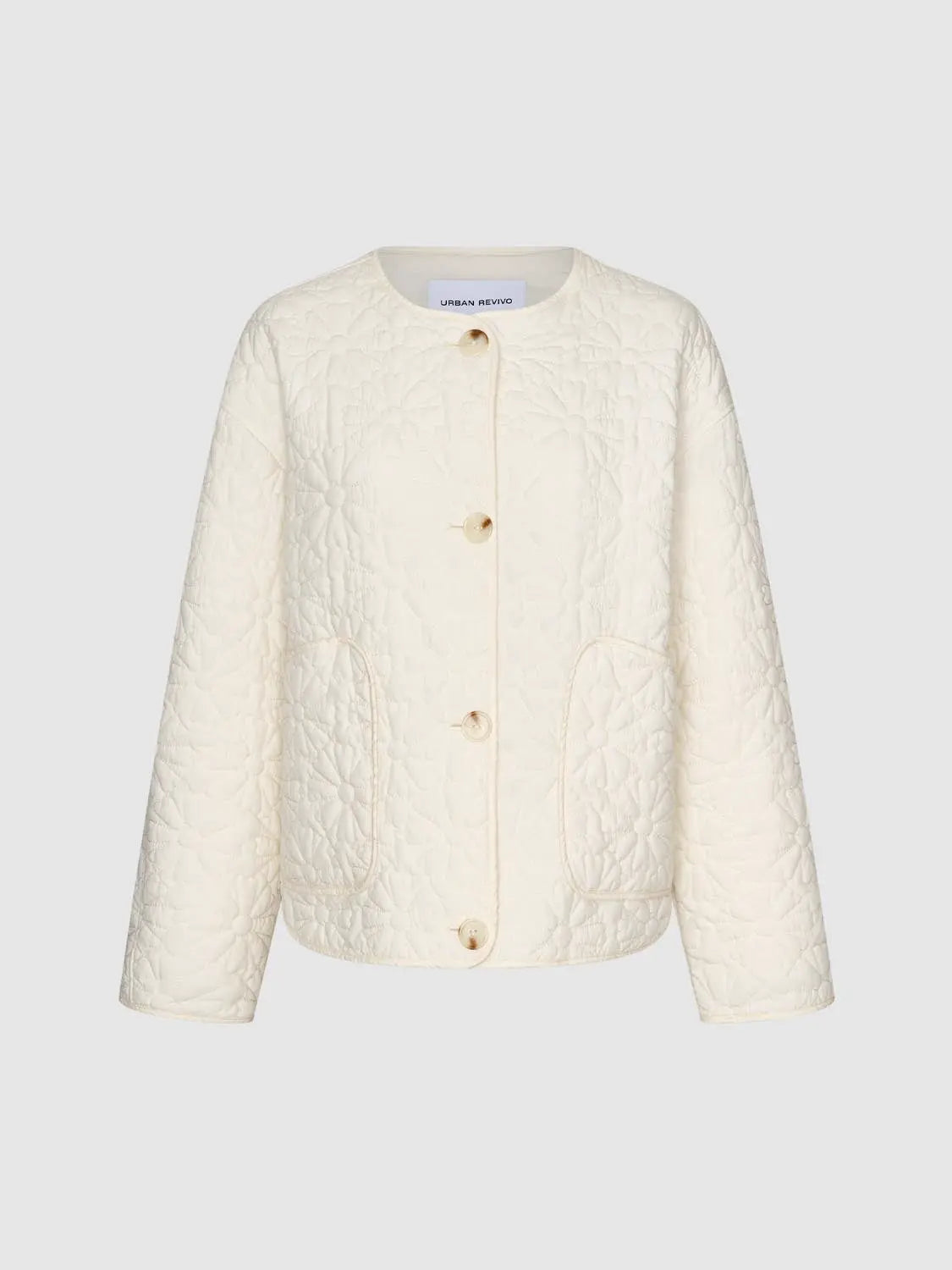 Urban Revivo padded jacket in cream quilted floral pattern with gold-tone buttons