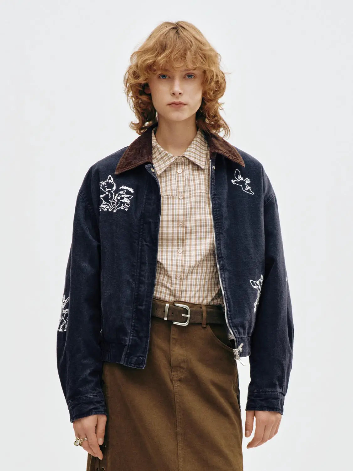 Padded Jacket by Urban Revivo Fashion in navy with brown corduroy collar and white embroidery