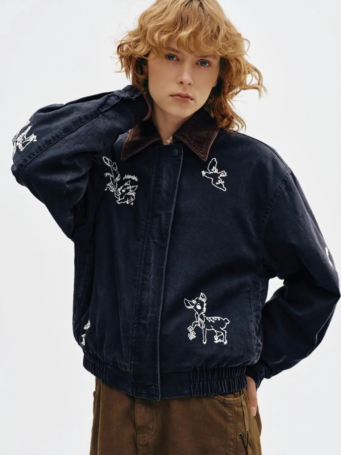 Padded Jacket navy blue with brown corduroy collar and white embroidered animal motifs
