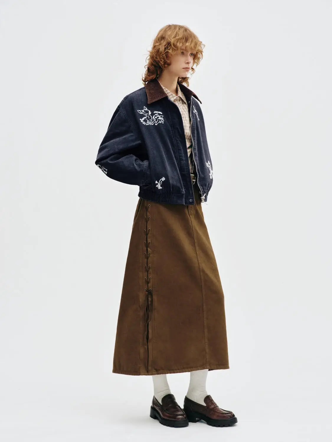 Urban Revivo padded jacket, navy with brown corduroy collar and white embroidery