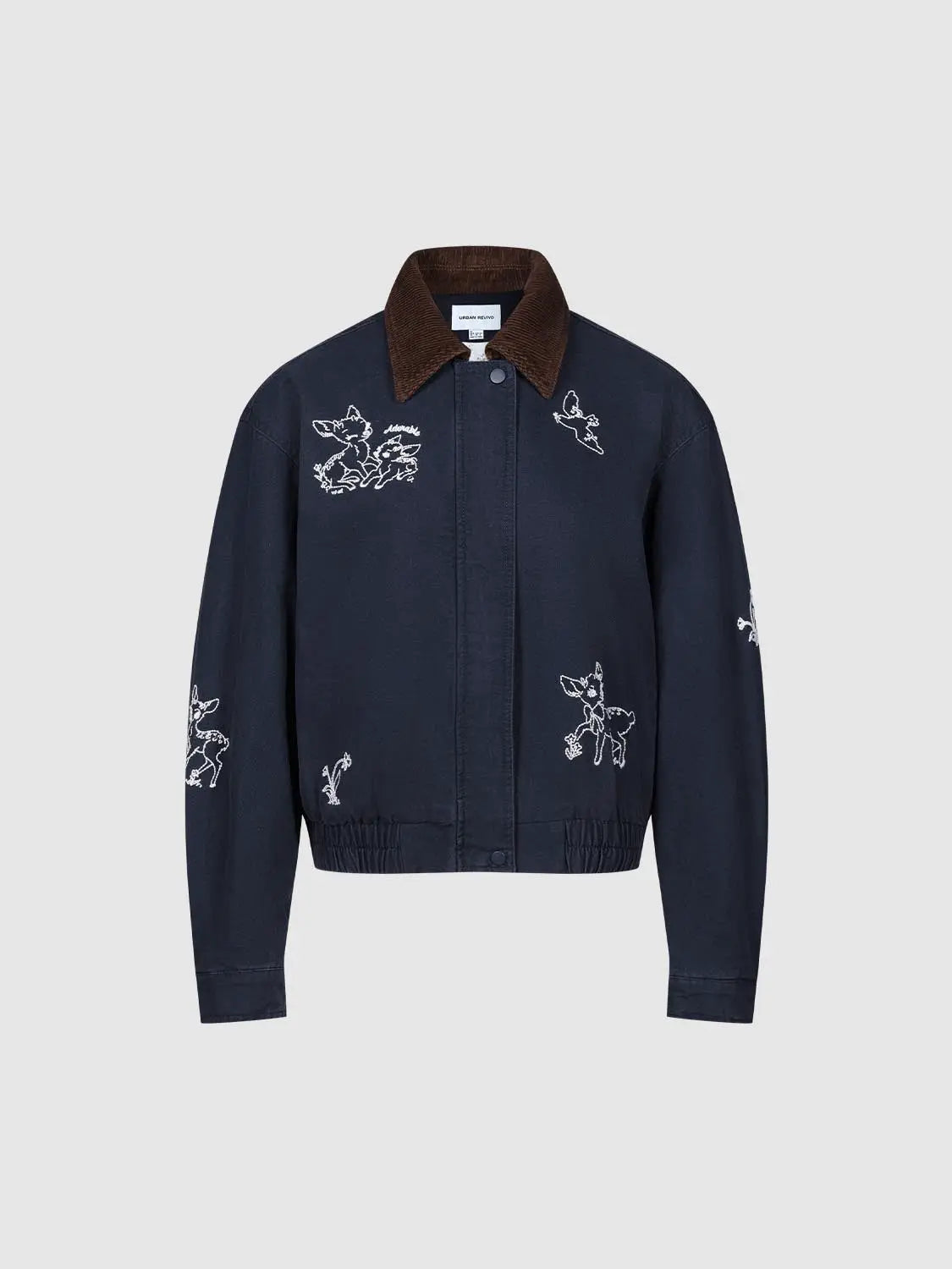 Padded jacket by Urban Revivo in navy with brown corduroy collar and white embroidery motifs, front view.
