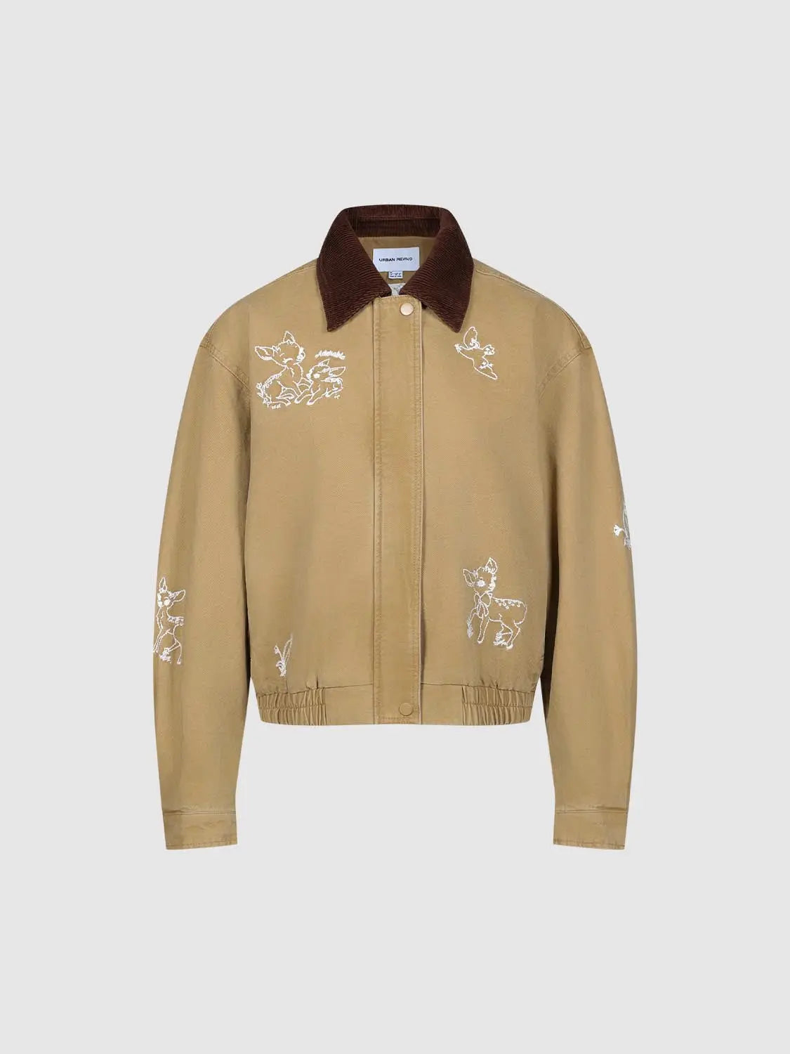Urban Revivo tan padded jacket with brown corduroy collar and white embroidered animal motifs.