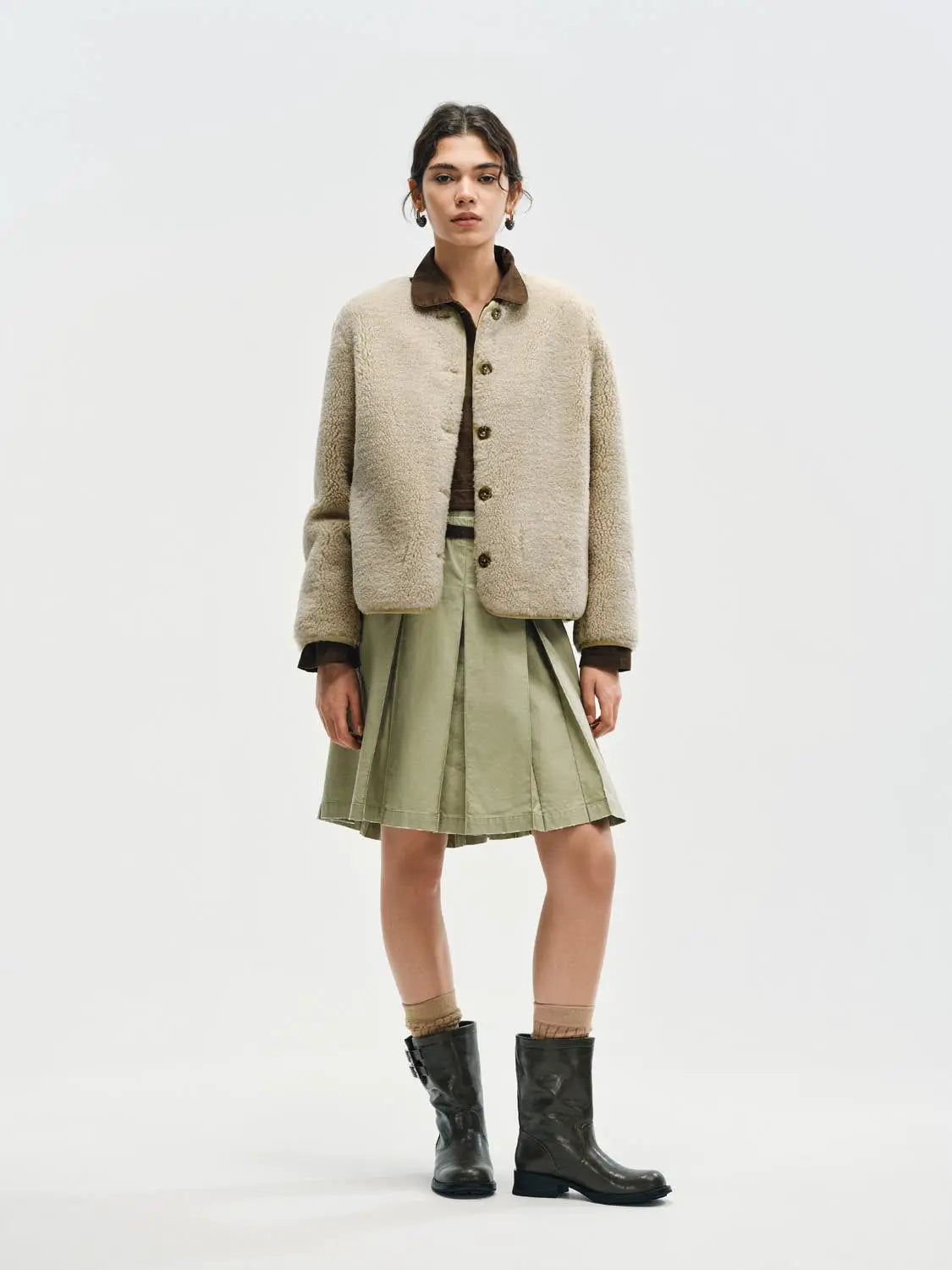 Jacket beige shearling fur coat with brown collar, button-front, Urban Revivo Fashion