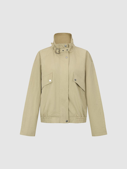 Buckle Collar Flap Pocket Cotton Blend Long Sleeve Jacket