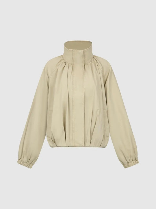 Ruched Oversized Mock Neck Cotton Long Sleeve Jacket
