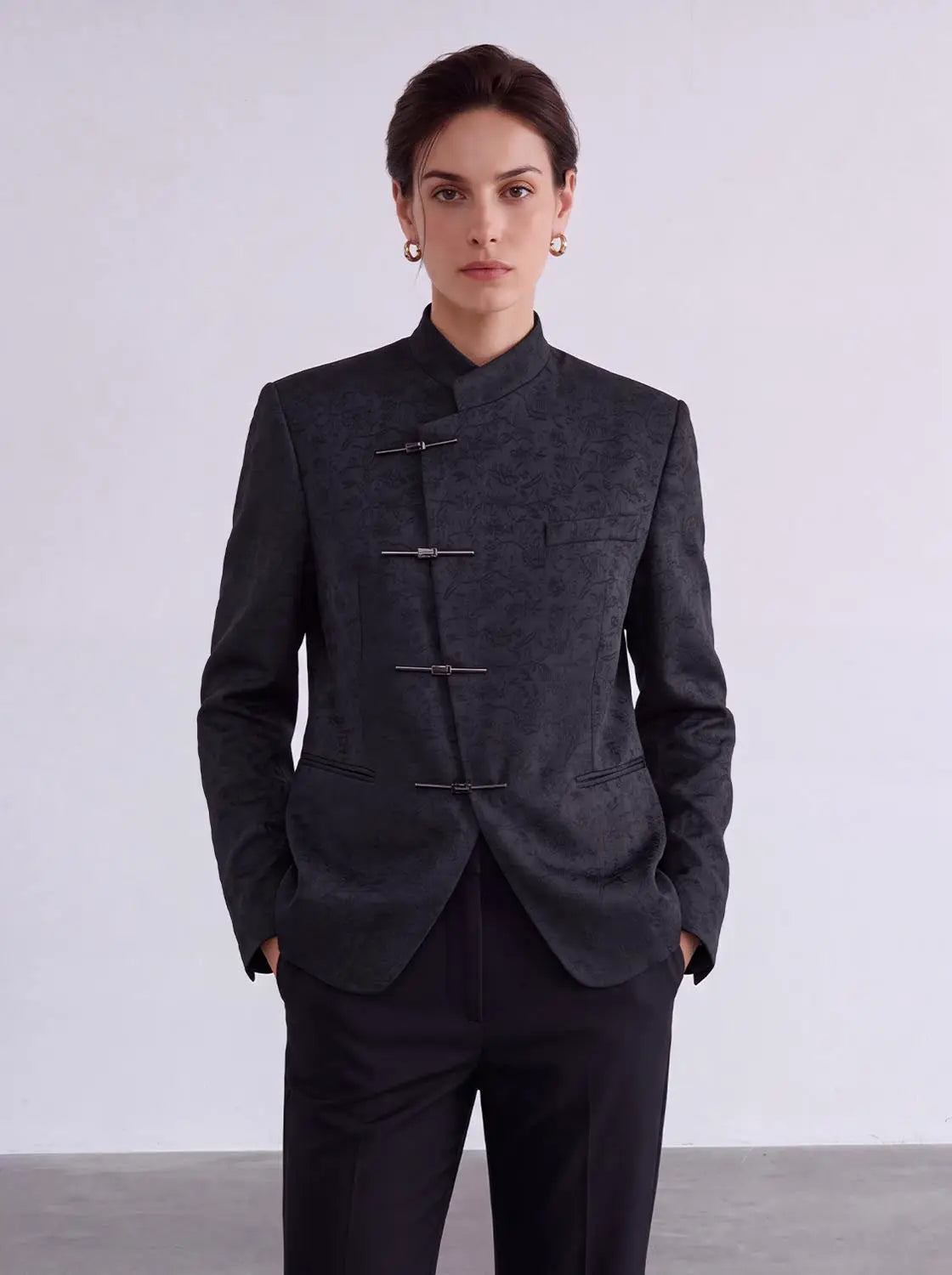 Mandarin-collar long-sleeve textured cotton-blend jacket with front toggle closures in dark charcoal, Urban Revivo Fashion