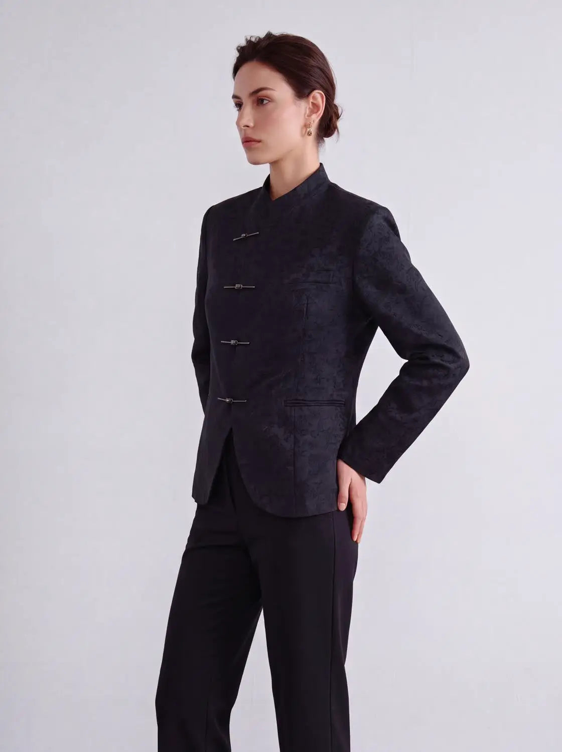 Mandarin-collar textured cotton-blend blazer with frog closures, Urban Revivo, dark navy, tailored jacket.