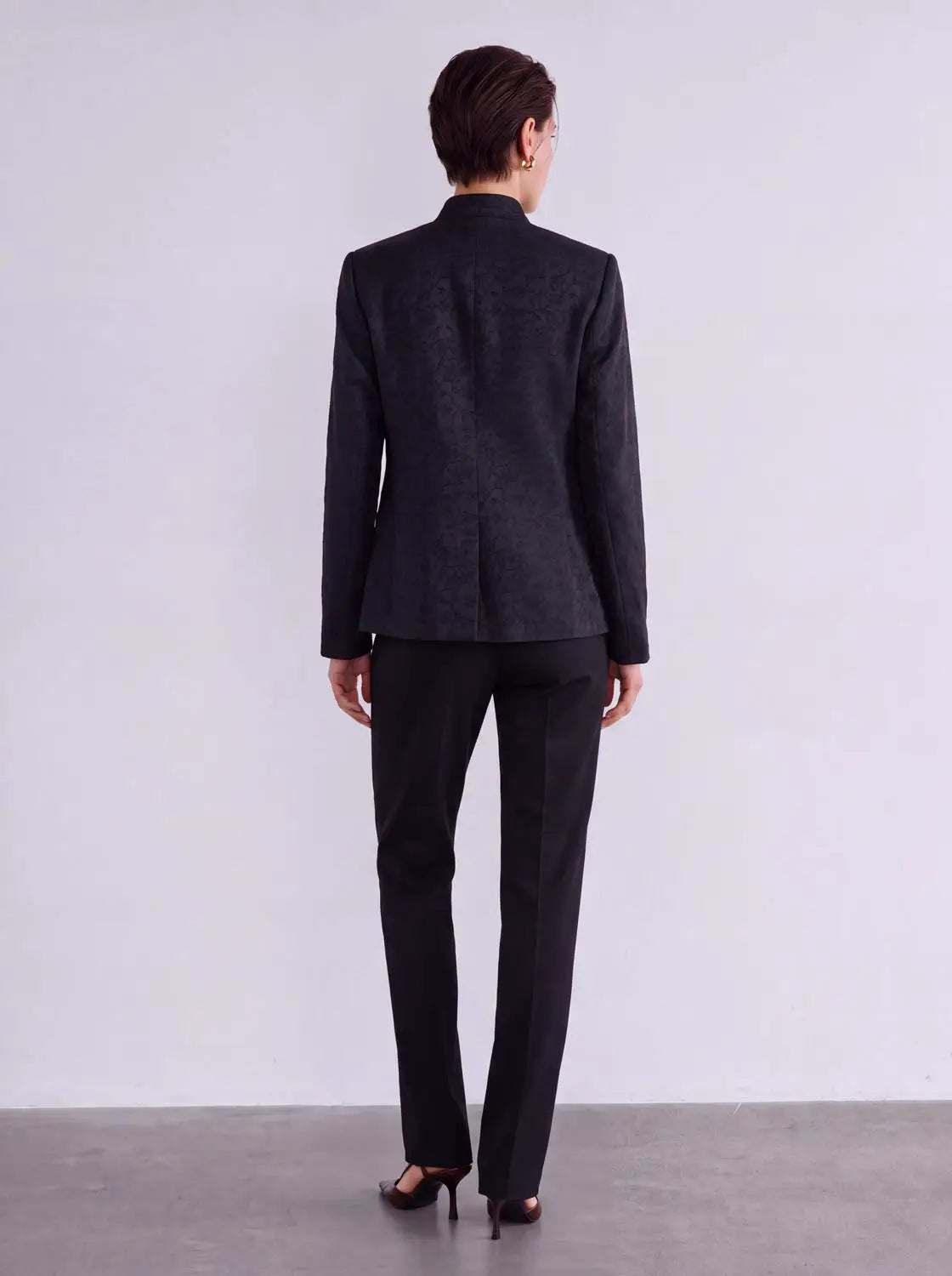 Mandarin Collar Long Sleeve Textured Cotton-Blend Tailored Front Button Jacket, black blazer