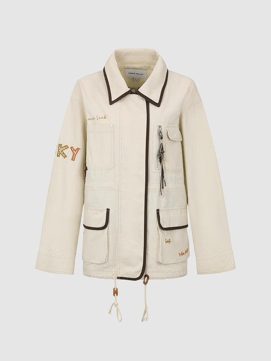 Embroidered Drawstring Long Sleeve Cotton Jacket