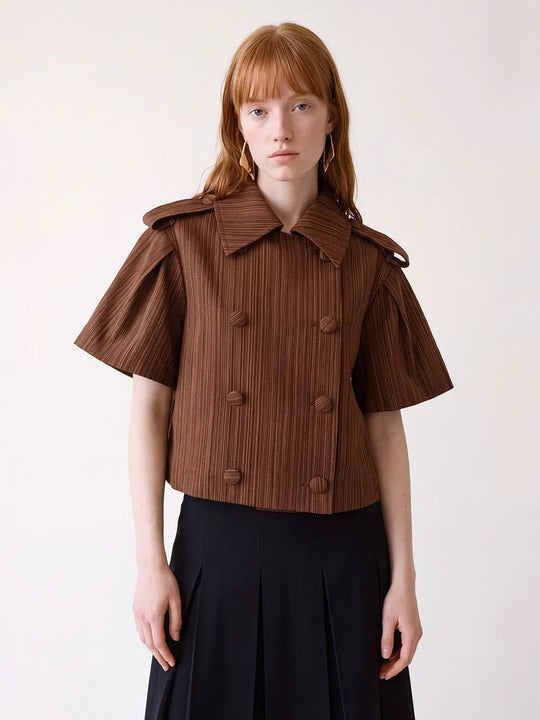 Cropped Ribbed Double-Breasted Short Sleeve Jacket