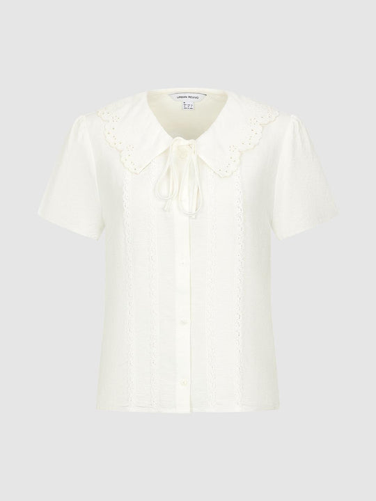 Linen Blend Cutwork Collar Short Sleeve Shirts