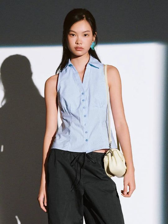 Cotton Spliced Button Detail Sleeveless Shirt