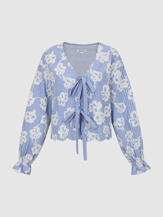 Floral Embellished V-Neck Lace-Up Striped Shirts
