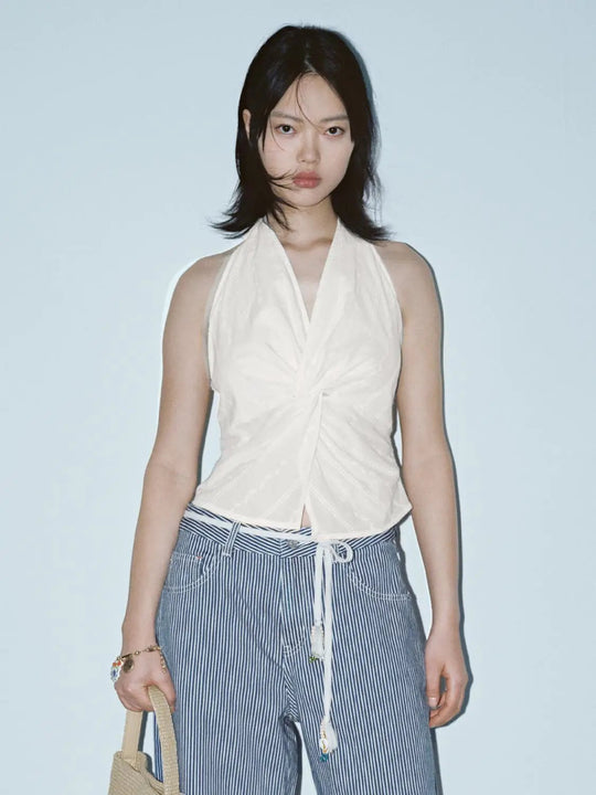 White Cotton Embroidered Knot-Front Cami Top