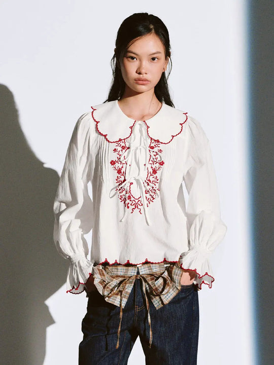 Contrast Ruffle Trim Tie Detail Overhead Shirts