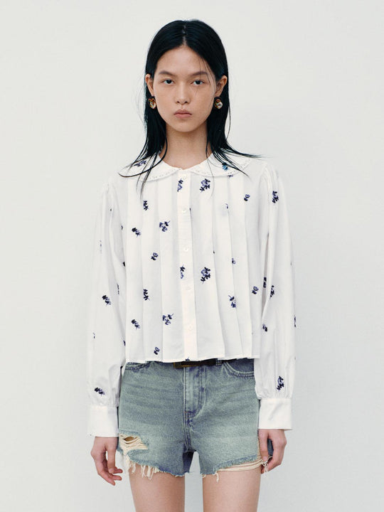 Floral Embroidered Pleated Shirts