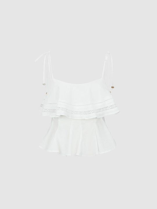 Linen Blend Guipure Lace Strappy Tiered Cami Tops