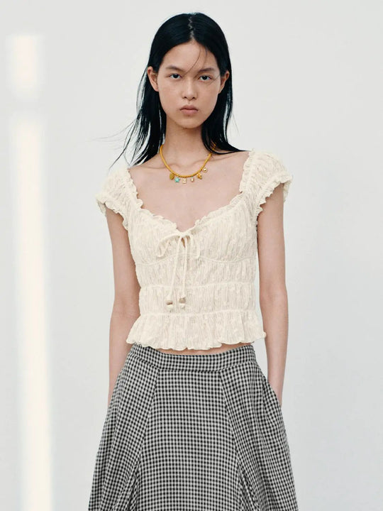 U-Neck Shirring Detail Cap Sleeve Overhead Shirts