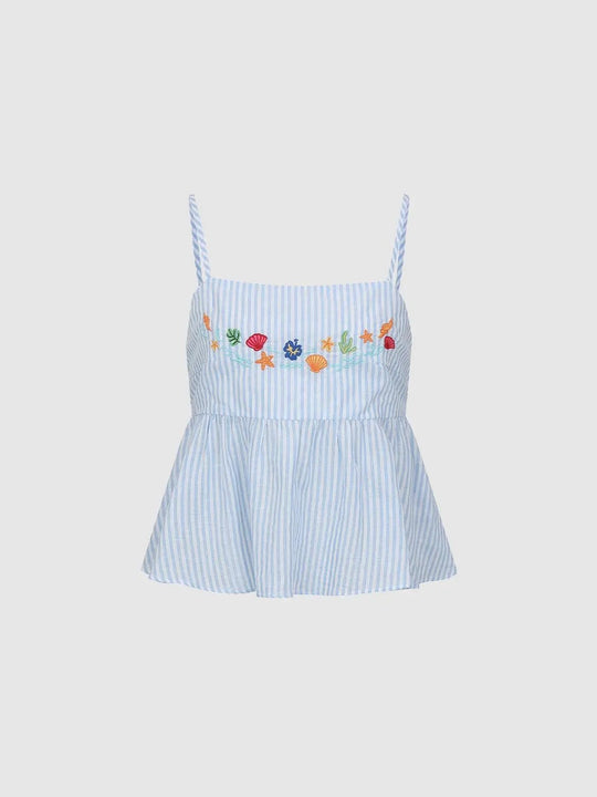 Cotton Striped Embroidered Cami Peplum Tops