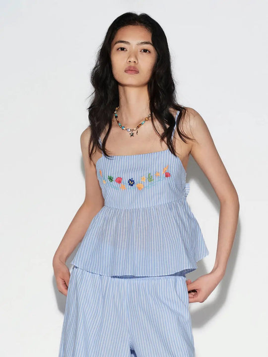 Cotton Striped Embroidered Cami Peplum Tops